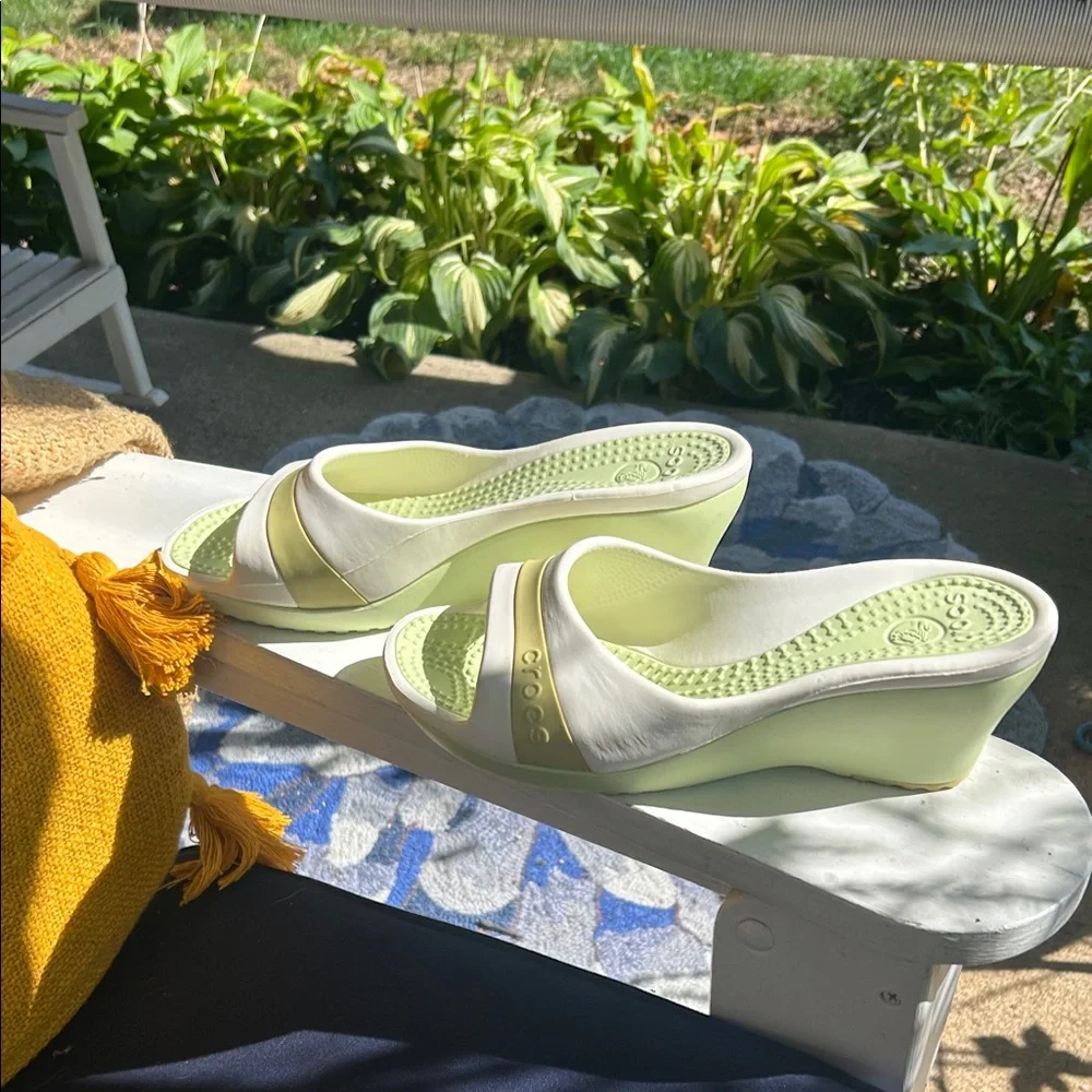 CROCS Sassari Lime Green and White Wedge Sandals